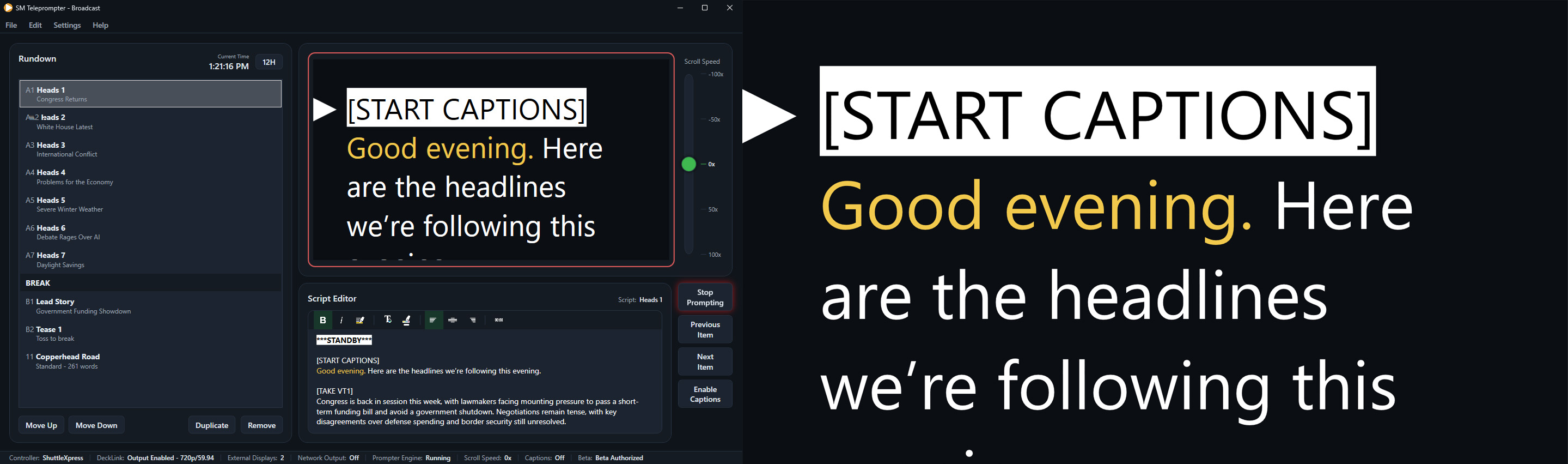 SM Teleprompter display and operator interface